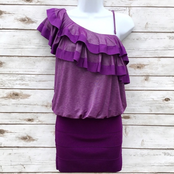 Bebe Ruffled 1 Shoulder Purple Bandage Skirt Dress - Picture 2 of 8